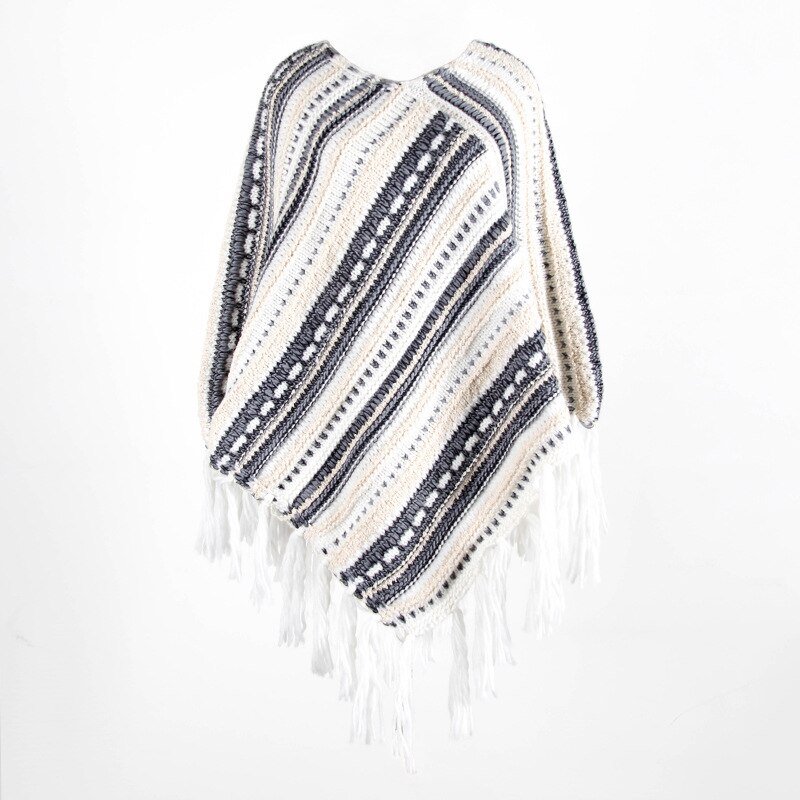 Kvindelige toppe o-hals dame strik sweater stribet kvinde sweater efterår vinter kvast kappe: Hvid