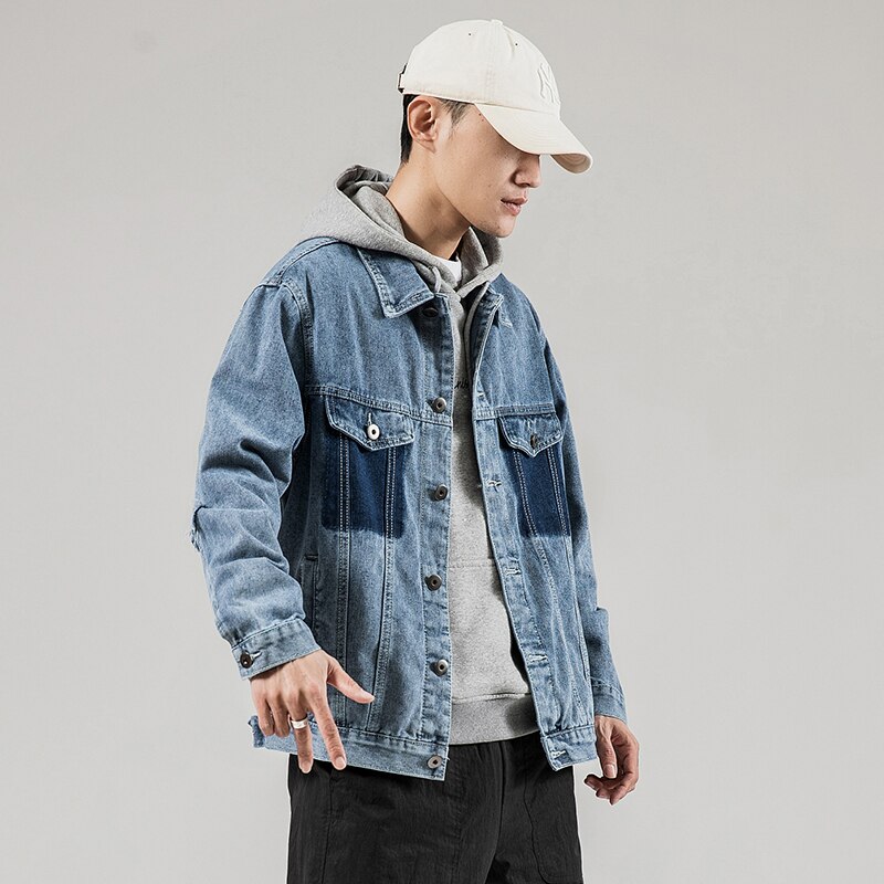 Streetwear tie-dye pocket solid color wild trend four seasons denim casual washed denim jacket men's jeans jacket coat