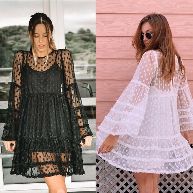 Hirigin mujeres cubierta Boho Dot Swing manga larga con cuello en V volantes encaje Floral suelto Mini vestidos de verano