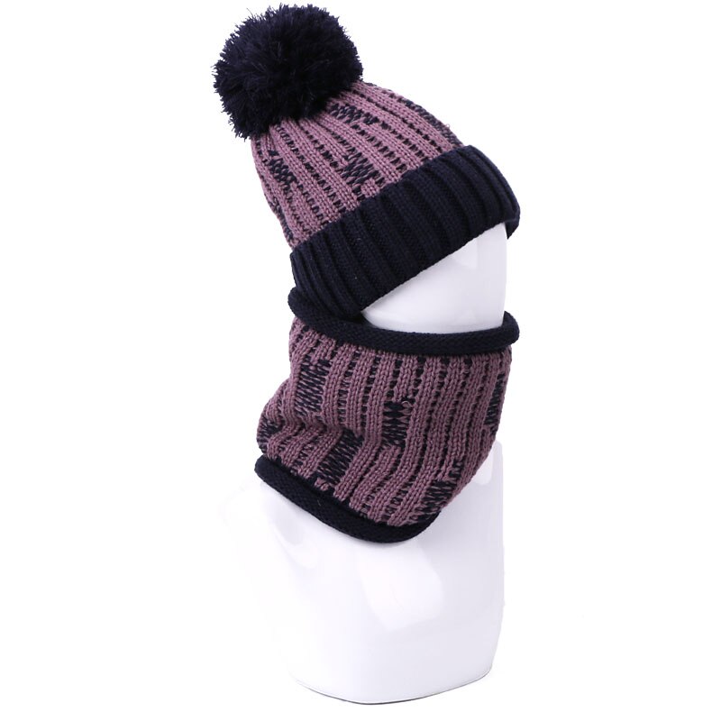 Vinter varm beanie hat tørklæde sæt kvindelige hatte med foring udendørs strik tyk vindtæt kvinder ring tørklæde pompon hat to-delt sæt: E