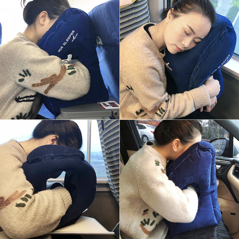 Travelsky Inflatable travel pillow foldable for airplanes train Sleeping flocking PVC soft head neck rest support travel pillows