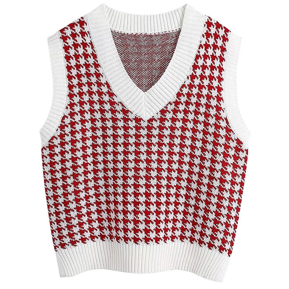 Femmes pull gilet automne tricoté pied de poule col en v pull surdimensionné sans manches femme gilet pull hauts: Red1 / L