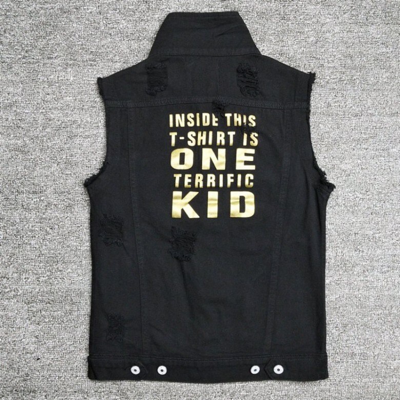 Neue Frühjahr knapp Gedruckt Mens ärmellos Denim Westen Einreiher See Zerrissene Dünne Männlichen Westen Plus Größe: drucken Schwarz / L