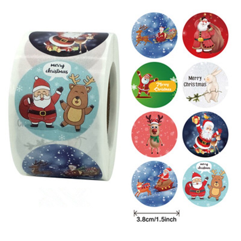 Weihnachten Box 100/500Pcs Runde Etiketten Weihnachten Aufkleber Candy Tasche Blume Box Kuchen Boxen Verpackung Neue jahr Aufkleber: H-L-100pc Santa deer