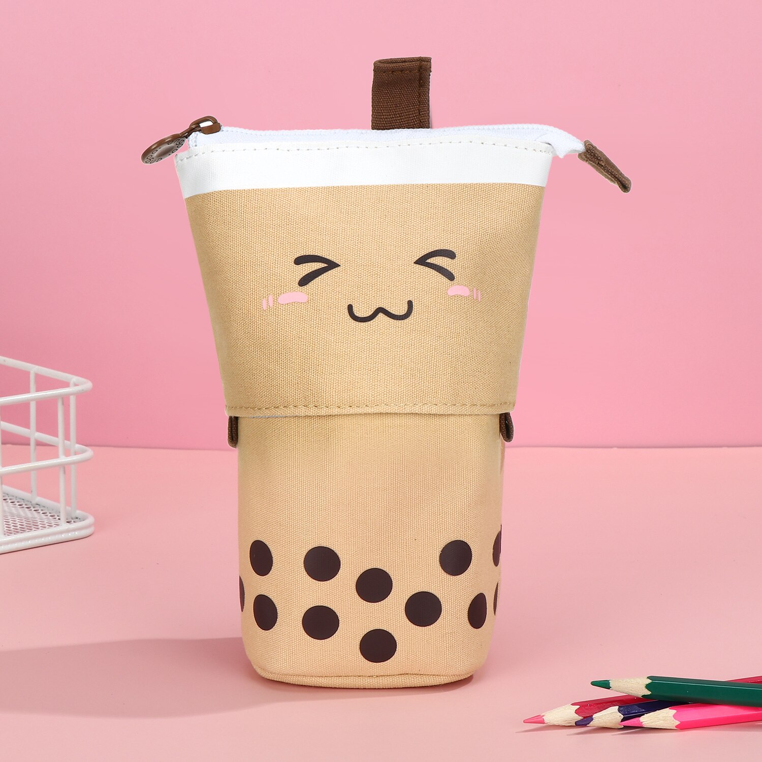 1 Set Cute Boba Milk Tea Pen Case Pencil Holder Stationery Case Stand Up Telescopic Pencil Case Pen Box Stationery Pouch Bag: brown