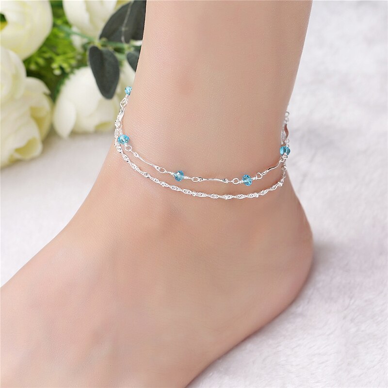 100% 925 Sterling Silber Fußkettchen Armband Elegante Blaue Perlen Original Fußkettchen Für Frauen Luxus Schmuck 2B089