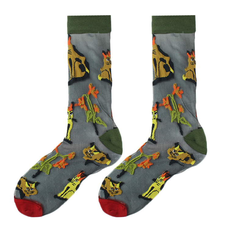 Calcetines divertidos de pájaro Floral de seda de cristal con Hipster francés para mujer, ropa de calle transparente, Calcetines divertidos artísticos de Jacquard Sokken: Azul