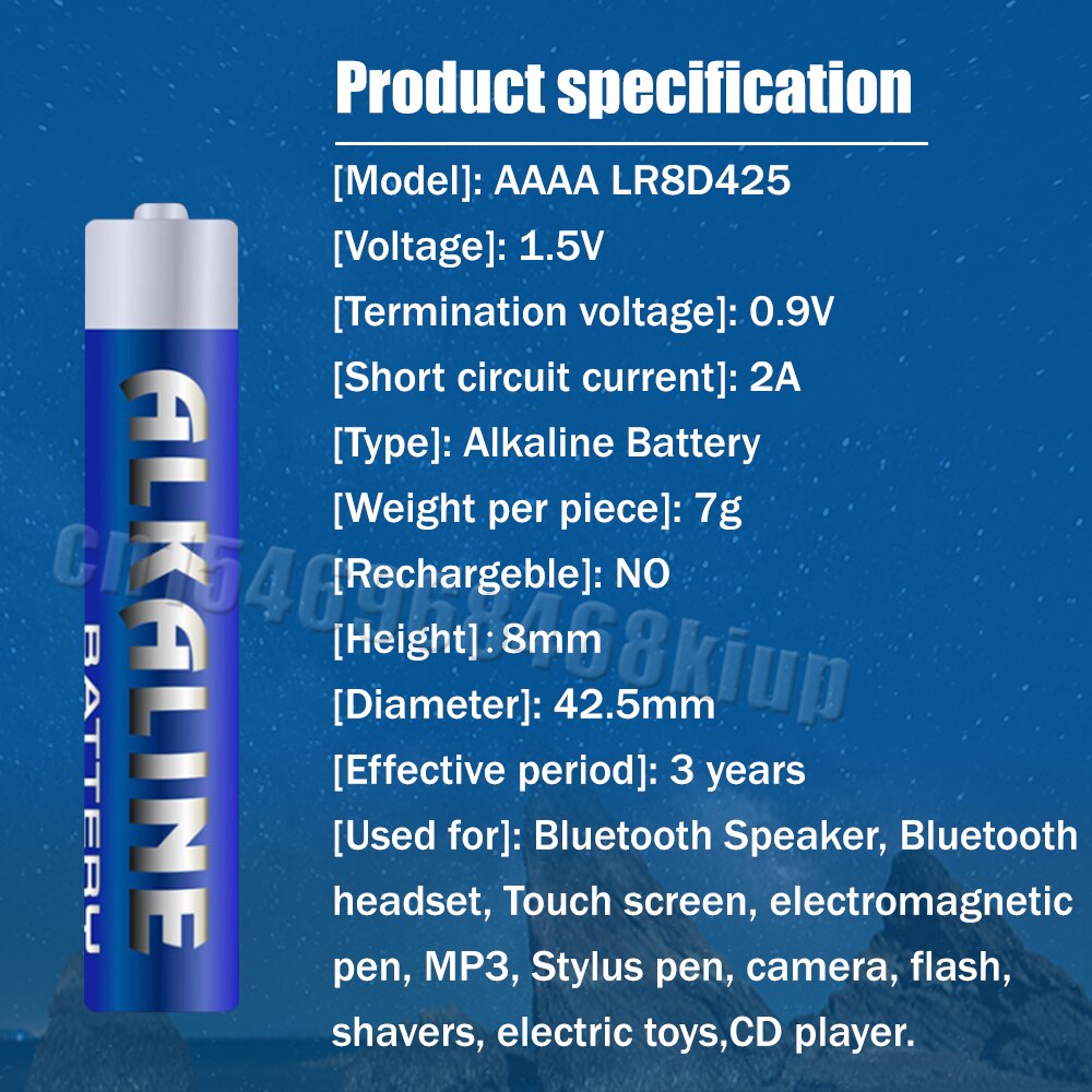 100PCS 1.5V AAAA LR8D425 Alkaline Battery 4A LR61 AM6 E96 MN2500 MX2500 For Camera Alarm Clock Electric Toys Bluetooth Earphone