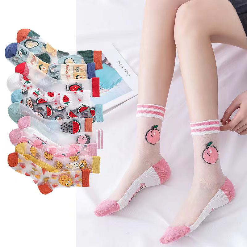 Calcetines de seda transparentes para mujer, medias femeninas de estilo japonés coreano, con estampado de frutas creativas, de vidrio ultrafino, 1 par