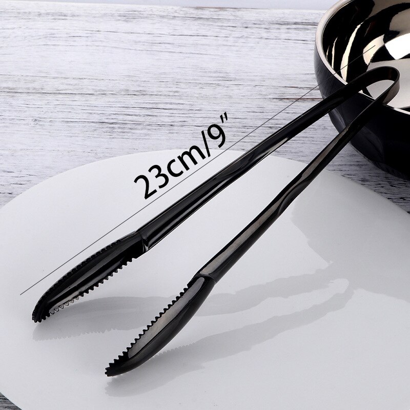 Pinzas para servir comida de acero inoxidable, 9 pulgadas, color oro rosa, para ensalada y pan, pinza para carne y fruta, utensilios de cocina para barbacoa: Black