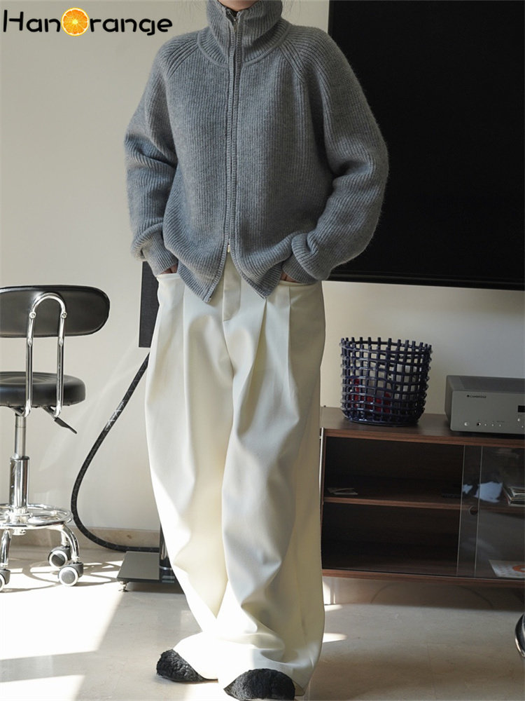 HanOrange 2024 Dolcevita invernale con spalle scoperte Cardigan lavorato a maglia da donna Doppia cerniera maglione allentato femminile bianco/grigio/caffè scuro