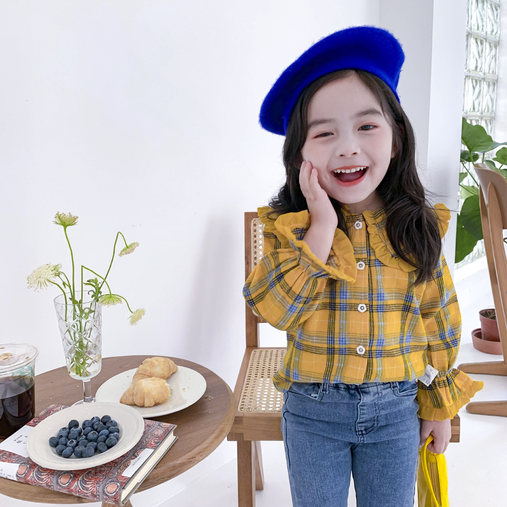 Herfstmeisjes geruit t-shirt met lange mouwen, katoenen topjes voor kinderen, meisjestopje: Geel / 6