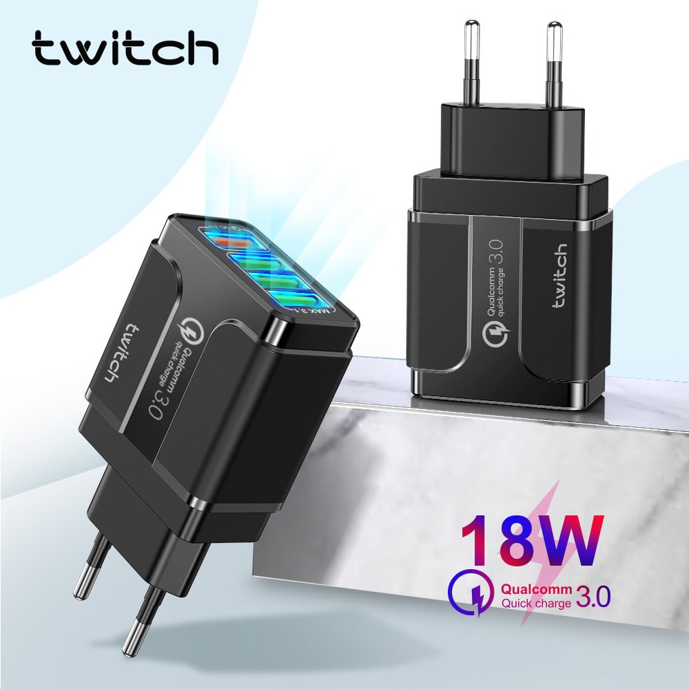 Twitch 3A Quick Charge 3.0 USB Charger EU Plug 4 Ports LED Wall Charger For iPhone XR MAX Fast Charging Head For Samsung Xiaomi