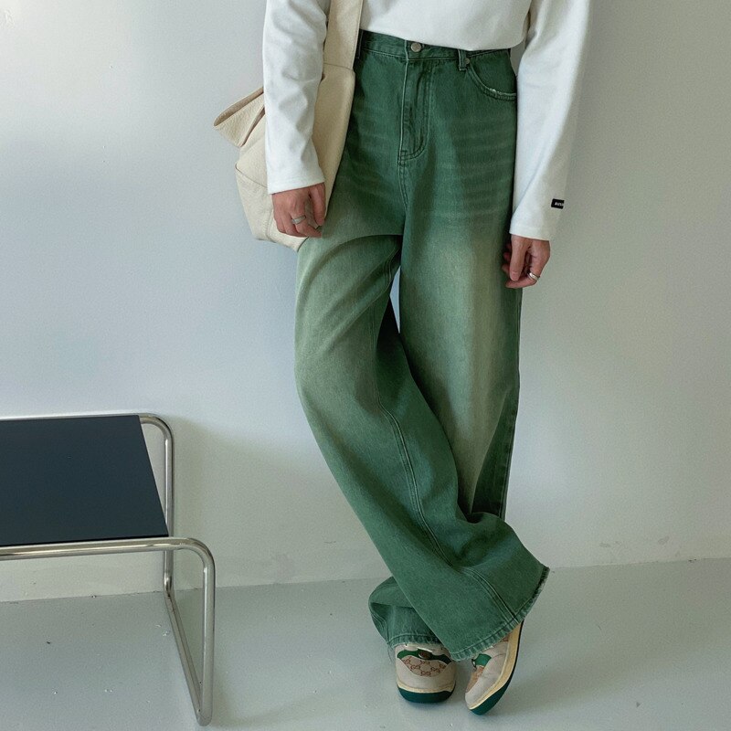 IEFB Vintage Men&#39;s Straight Mid Waist Green Jeans 2022 Spring Casual Loose Distressed Denim Long Pants Wide Leg Trousers