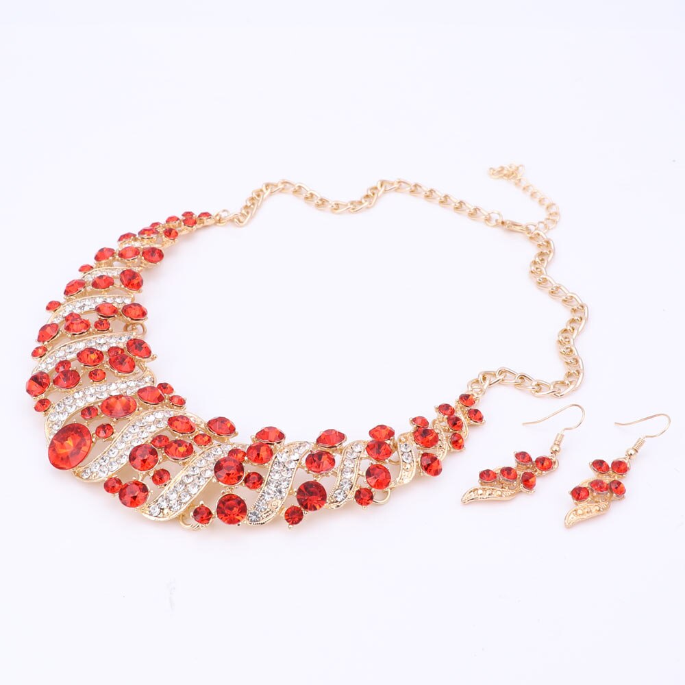 Mode Vrouwen Bruiloft Kettingen Sets Vintage Kraag Rhinestone Crystal Choker Kettingen Etnische Maxi Sieraden Sets: Red