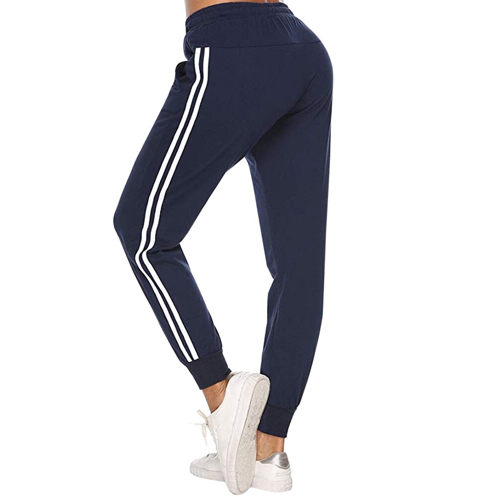 Kvinders lette joggebukser elastiske ben åbning joggers vilde leggings forår kvindelige sports afslappet bukser med hvid stribe: Mørkeblå / Xl