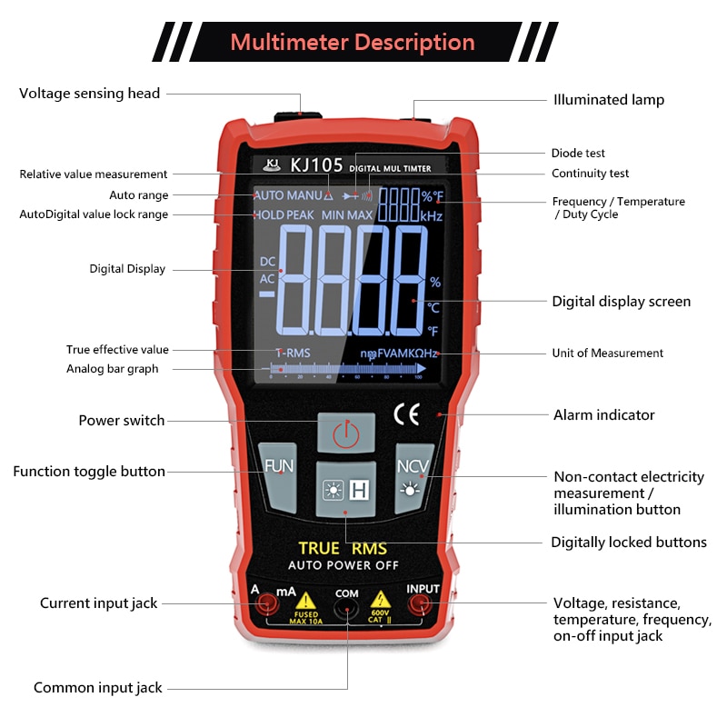 Handskit Digital Multimeter 6000 Counts AC DC Voltage LCD Display Measuring Meter Tester With Test Leads