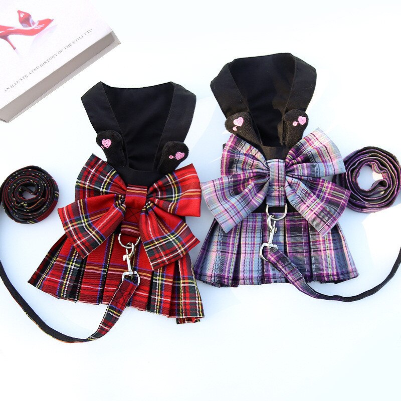 Vestidos para perro o mascota, conjunto de arnés y correa con lazo bonito, ropa de verano a cuadros con anilla para correa para perros pequeños y medianos