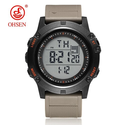 Ohsen merkevare digital lcd rød herre gutteklokke reloj hombre 50m dykk kaki silikonrem utendørs sport armbåndsur hanne: kaki klokke