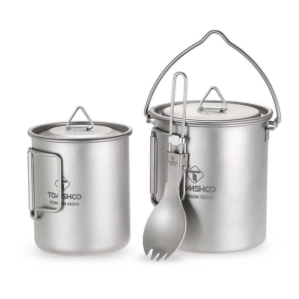 TOMSHOO 3Pcs Titanium Pot Water Mok Cup Set Lichtgewicht Mok Outdoor Camping Pot Picknick Hang Pot Koken Potten met vouwen Spork