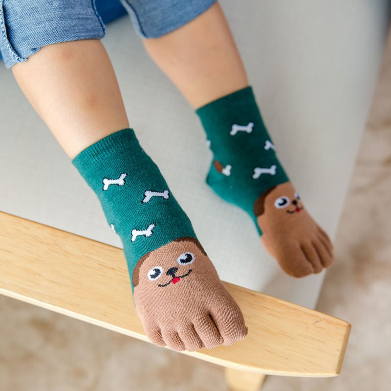 År kawaii fem finger sok børn sokker bomuld dyr drenge piger sokker tå sokker til børn: Brun hvalp / 7-12 år gammel