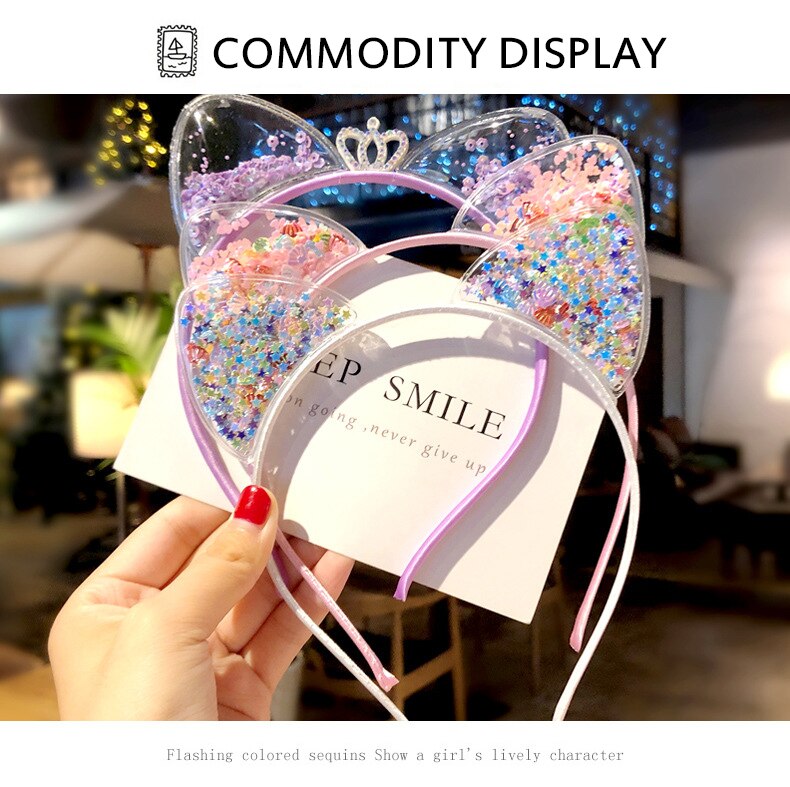 Cute Shiny Sequins Cat Ears Headband Baby Girls Princess Hairbands Kid Hair Accessories Party Hair Hoop Hairbands Christmas