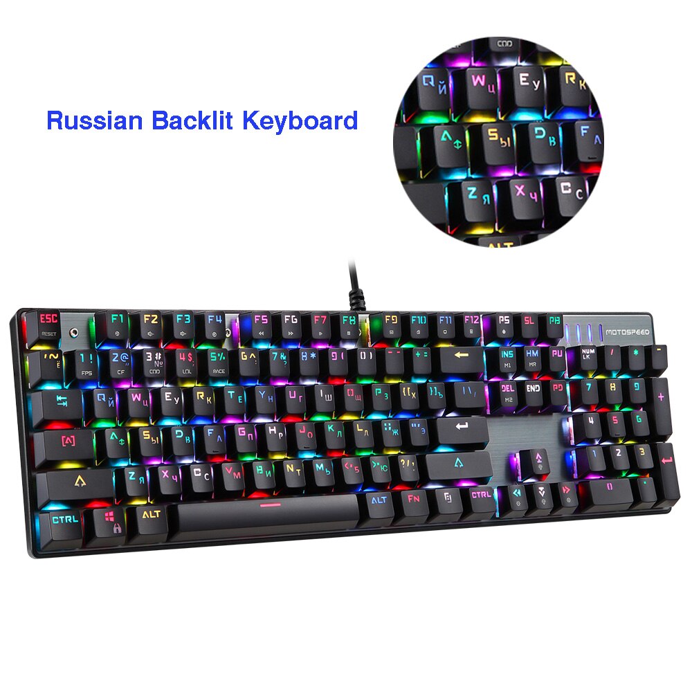 Motospeed-Teclado mecánico para videojuegos CK104, 104 teclas, interruptor azul, ruso, inglés, rojo, con cable de Metal, retroiluminado con LED, RGB, tableta de escritorio: Black Russian / Red Switch