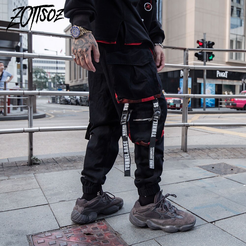 Mens Harem Joggers Cargo Sweatpants Streetwear Hip Hop Multi Pockets Ribbon Sweat Pants Mens Harajuku Casual Trousers