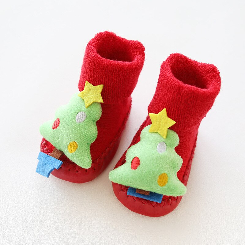 Winter Born Baby Christmas Socks Rubber Soles Skid Resistant Indoor Socks Warm Thick Toddler Girl Sock Shoes Year: Christmastree / 12CM