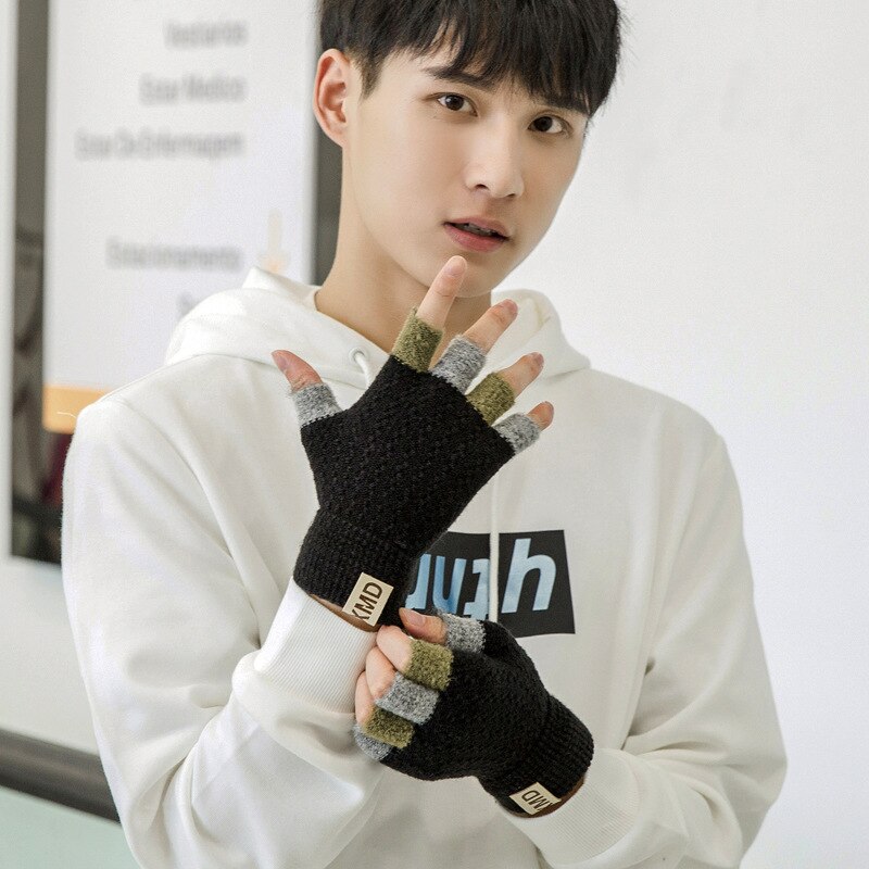 Wool Knitted Half-finger Mittens Men Fingerless Mitt Guantes Men's Warm Winter Thicken Gloves