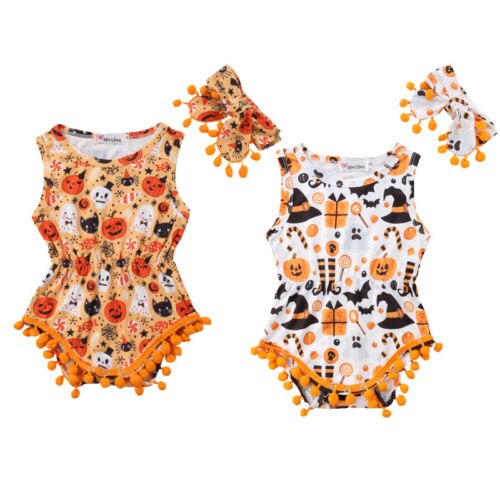 Cute Newborn Baby Boys Girls Sleeveless Tassels Halloween Bodysuit Jumpsuit Outfits 2pcs Set