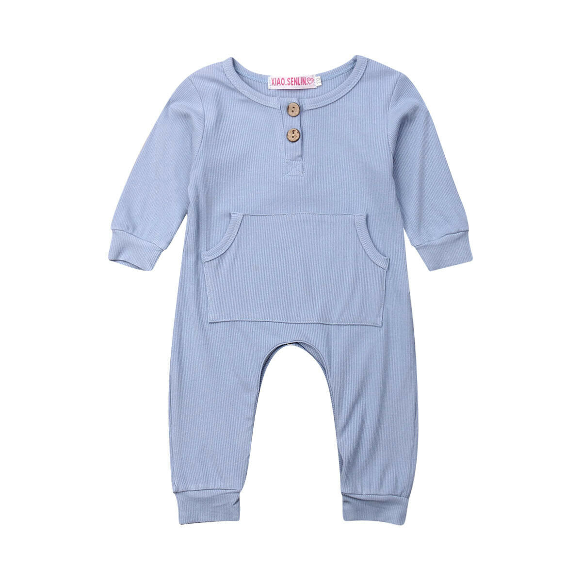 2019 del bambino di Autunno della Molla Dei Vestiti Appena nato Del bambino Del bambino Vestiti Della Ragazza del Ragazzo Pagliaccetto Lungo Del Manicotto Grande Tasca Della Tuta Solido A Coste Vestito: Blu / 6m