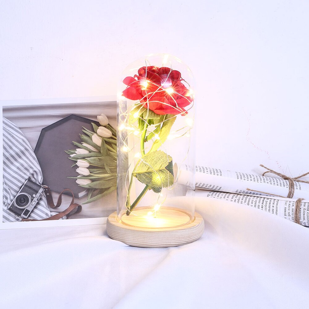 Bloem Rode Roos In Glas Dome Houten Base Led Rose Lampen Woondecoratie Accessoires Kunstbloem Valentijnsdag