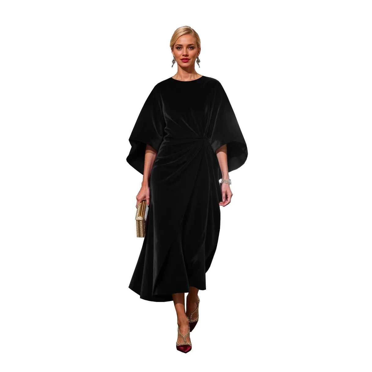 Velvet Waist-Cinching Dress with Batwing Sleeves And round Neck for Women Fashionable And Stylish Long Ankle-Length Gown