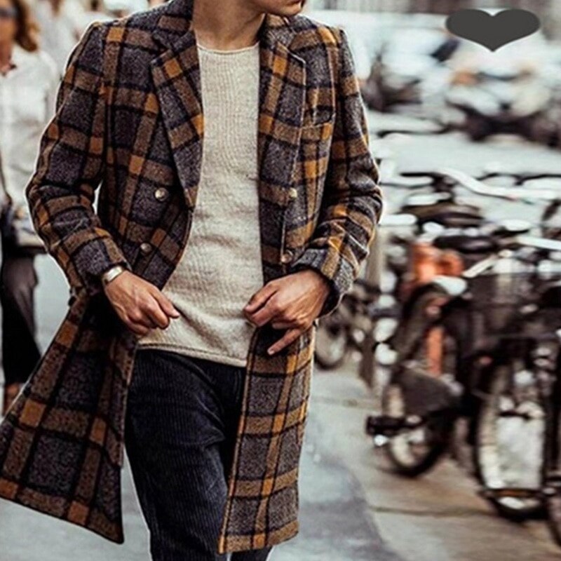 Mannen Houndstooth Gentleman Wollen Jas Modieuze Trenchcoat Revers Overjas Double-Breasted Jas Mid-Lengte Mannelijke Warme Jas