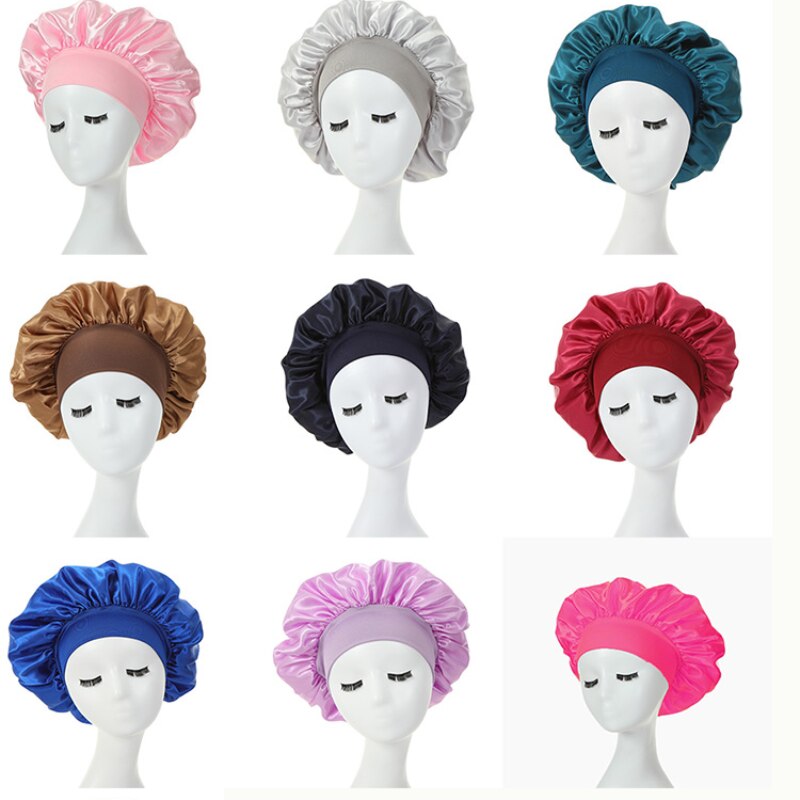 Gorro Unisex Elástico y Ancho de Satén para Dormir, Boina al Estilo Cúpula, con Cinta, para el Cuidado del Cabello de Noche y bajo la Ducha, Color Sólido