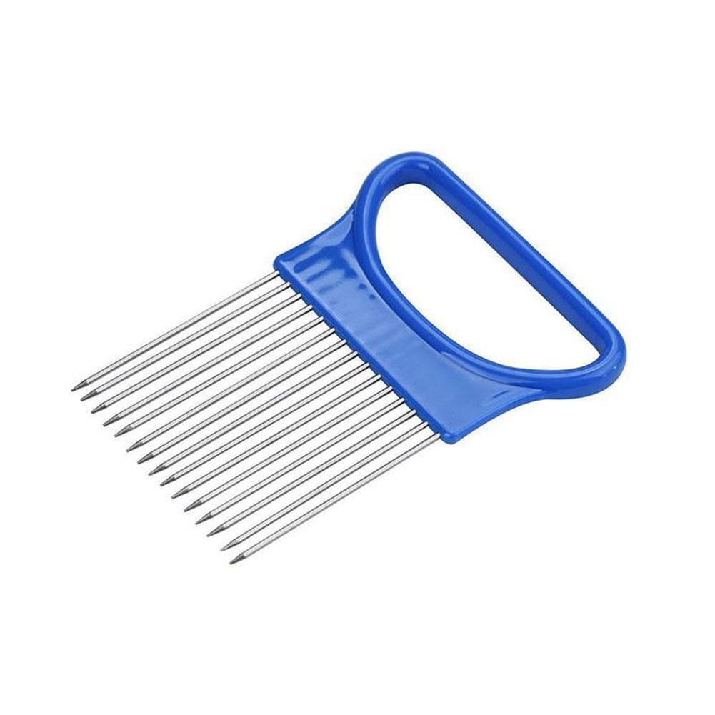 Steel Onion Needle With Cutting Safe Aid Holder Easy Slicer Cutter Tomato Safe Fork Handheld Vegetable Knife Kitchen: Blue 10.5x7.8cm