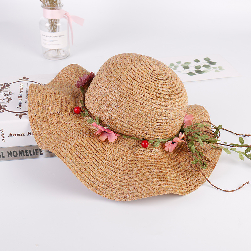 Bloemen ouder-kind Zomer Meisje Zonnehoed Cap Rose Rood Bruin Licht Roze Stro Platte Top Zomer strand Strooien Hoed Strand Caps