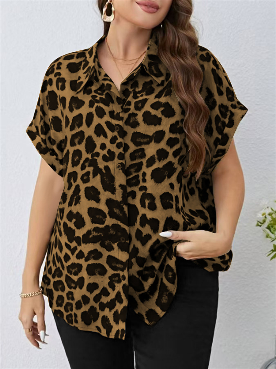 Gibsie plus size kvinder kortærmet skjorte all-match leopardprint top dame løs afslappet strandferie bluser med knapper