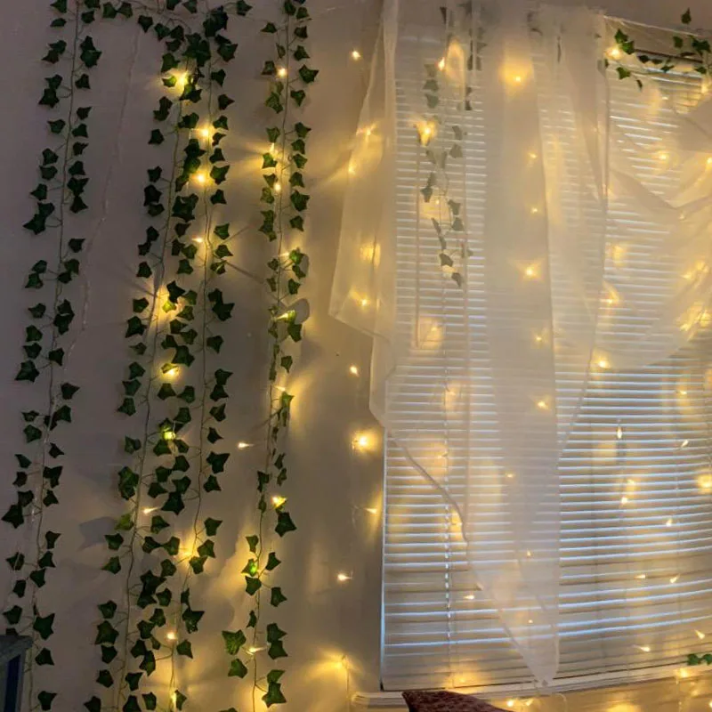 Hojas de seda, enredadera falsa, hoja verde, vid de hiedra con luces LED, guirnalda colgante para de boda en casa, flor Artificial