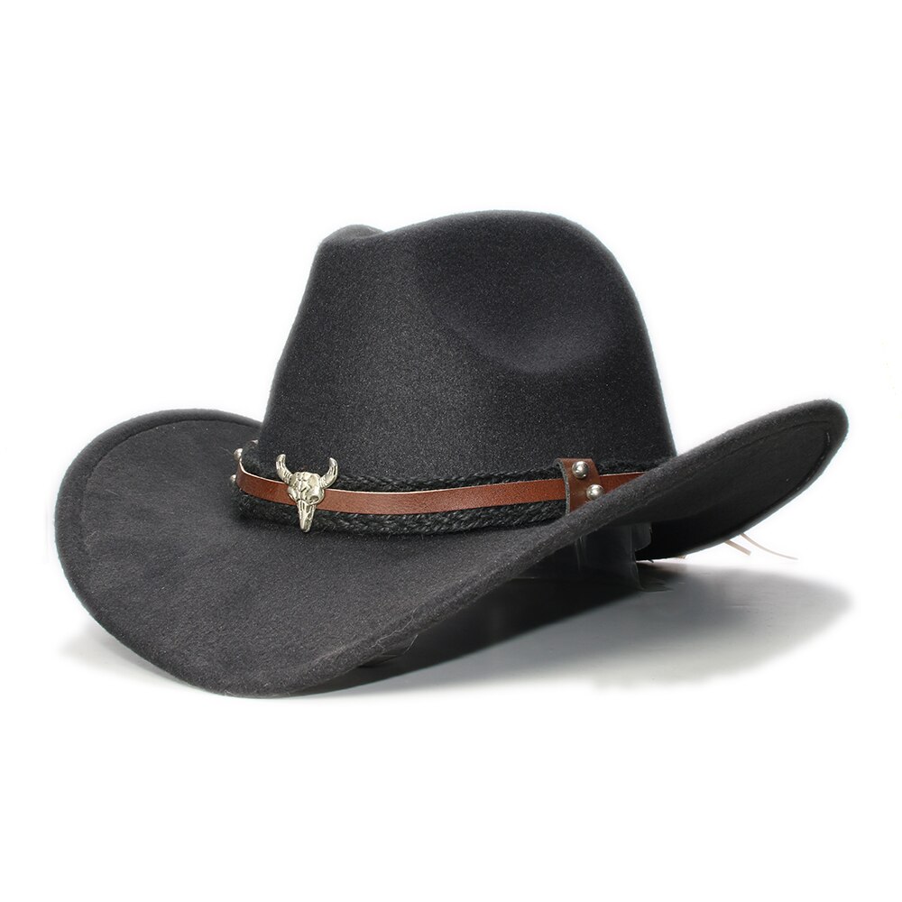 Large Plus 61cm Retro Women Men Wool Wide Brim Cowboy Western Cowgirl Hat Funeral Formal Fedora Cap Bull Head Oxhead Braid Band: black