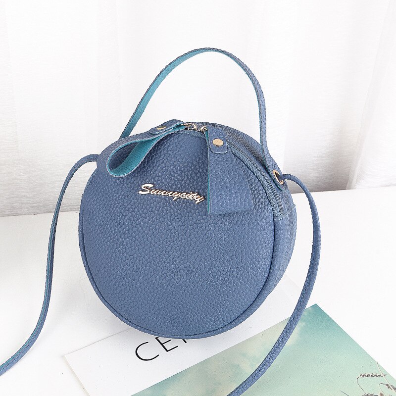 neue Frauen Taschen Niedliche Kleine Runde Tasche PU Schulter Tasche Litschi aufbringen Diagonale Tasche Tragbare Tasche: Blau