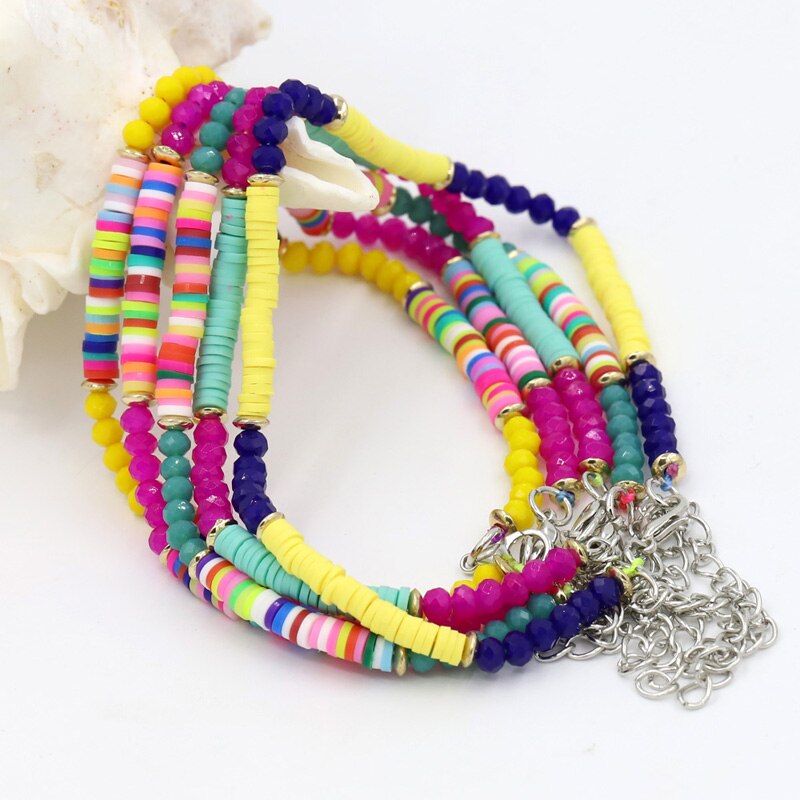 Bracelets de cheville pour femmes, bijoux bohèmes, réglables, colorés, en argile polymère, perles de cristal, chaîne de cheville pour la plage, pieds nus