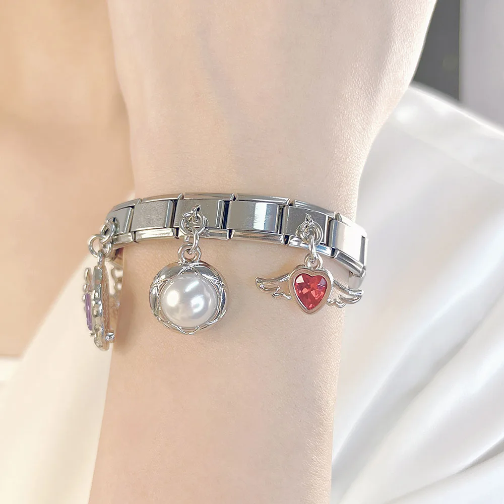 Hapiship nudo de lazo alas de Ángel brillante CZ enlace italiano encanto ajuste 9mm pulsera de acero inoxidable fabricación de joyería DIY DJ652