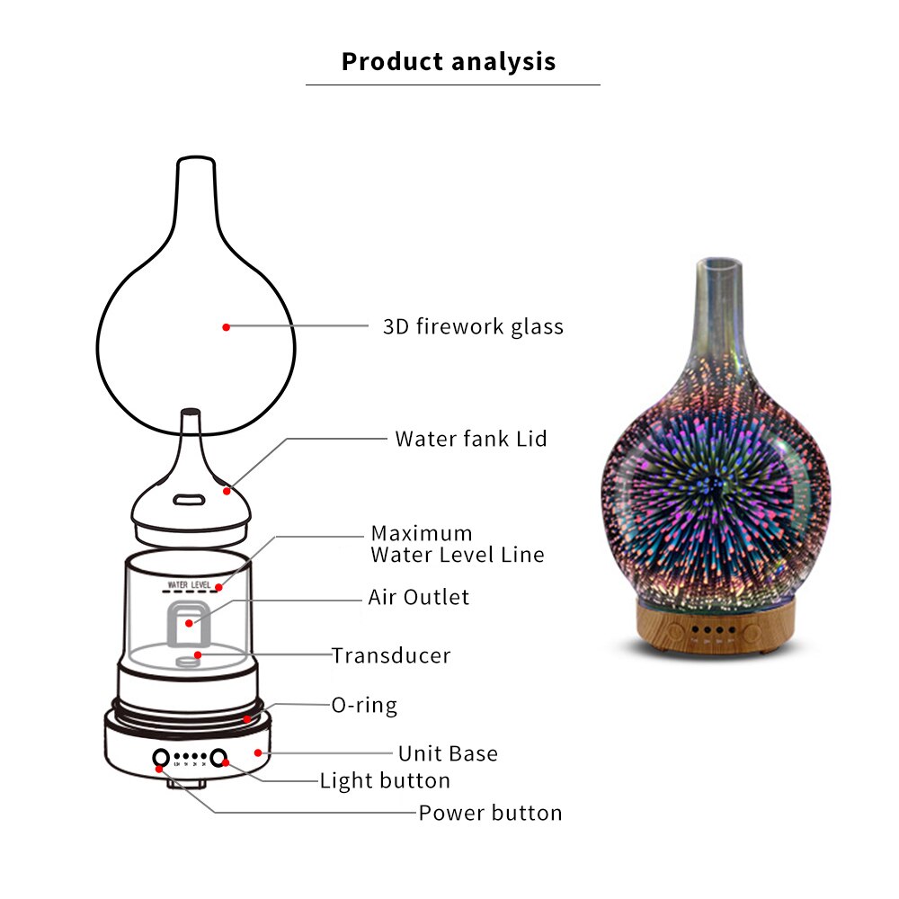 3d fyrværkeri glas vase form luftfugter ført natlys usb aroma æterisk olie diffusor kølig tåge maker til hjemmebadeværelse