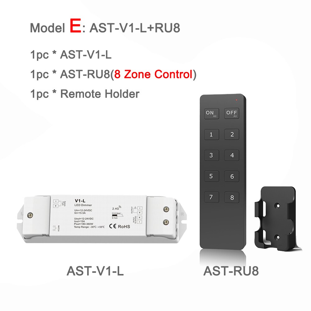 Led dimmer switch 12v 24v dc  rf 2.4g trådlös fjärrkontroll pwm konstant spänning smart wifi enfärgad led strip dimmer  v1- l: Modell e