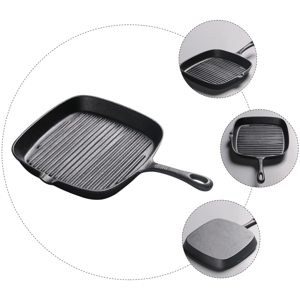 1 Pc Cast Iron Steak Frying Pan Safe Uncoated Non-stick Western Steak Pan (Black)