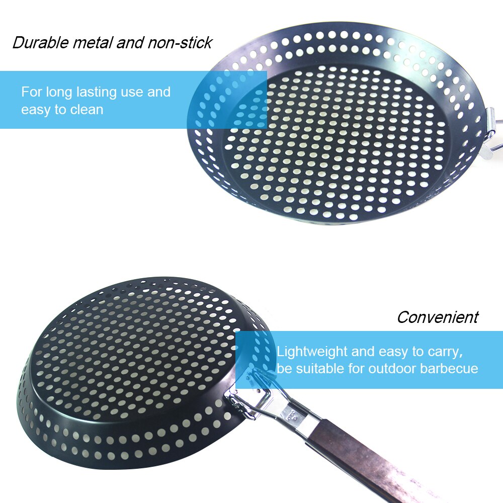 Non-stick Metal Grilling Skillet with Folding Wooden Handle Grill Pan with Holes Barbecue Pans for Outdoor BBQ Grilling Tools