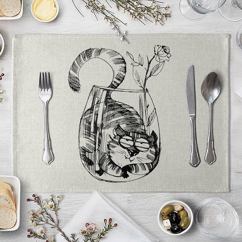 Leuke Cartoon Kat Patroon Tafel Mat Grappige Kat Servet Placemat Keuken Decoratie Dining Accessoires: 8