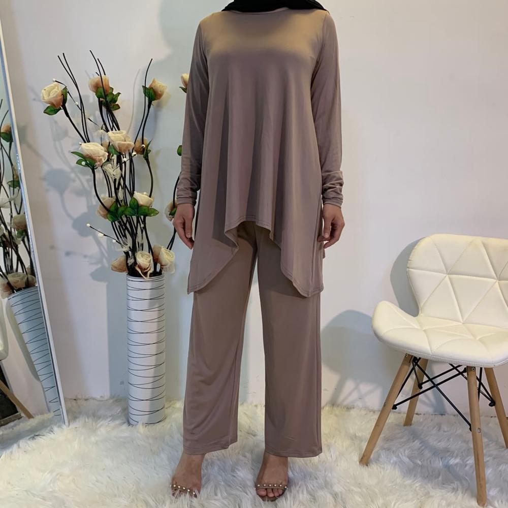smooth fabric Muslim suits female Solid Color Two-pieces Tops + elastic waist Pants Singapore Turkey Clothing F1883